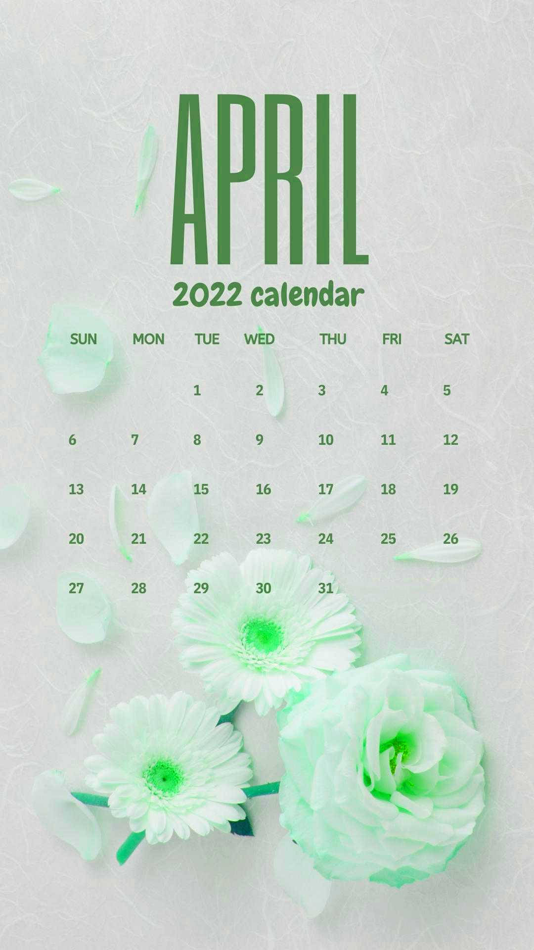 Calendáriode Abril De 2022 Com Flores Em Verde-menta Como Papel De Parede No Computador Ou Celular. Papel de Parede