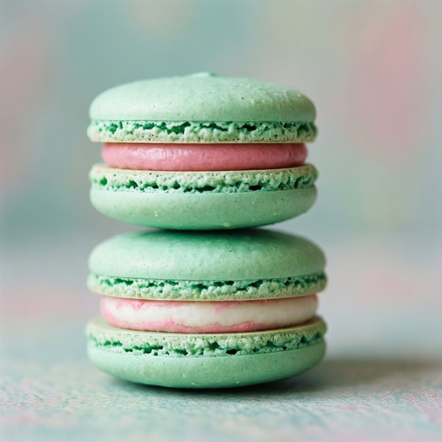 Pile de macarons vert menthe avec rose et blanc sur fond pastel.