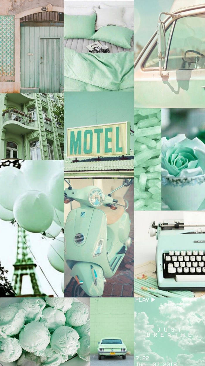 Mint Object Collage Pastel Green Aesthetic Wallpaper