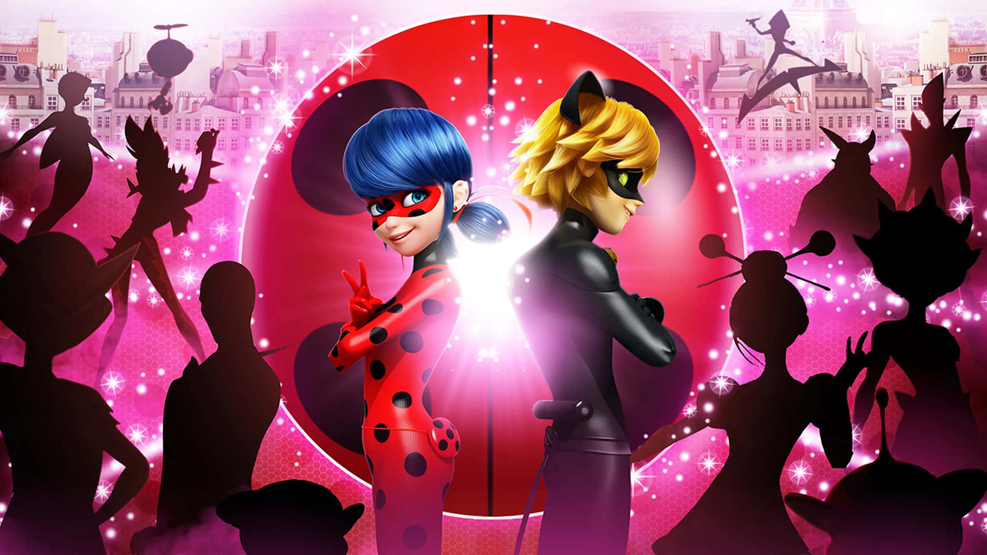 Lady Bug and Cat Noir using their special powers to save Paris.