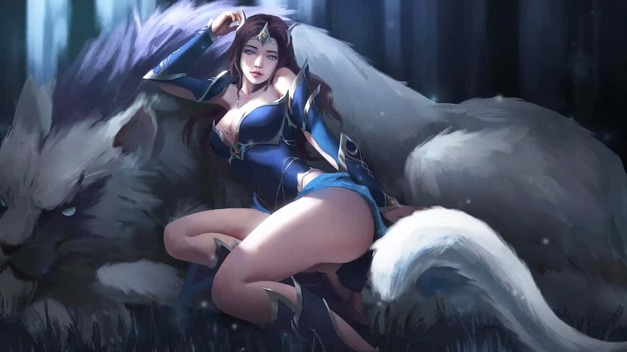 Mirana, the Princess of the Moon, with her tiger mount in a mystical forest Wallpaper