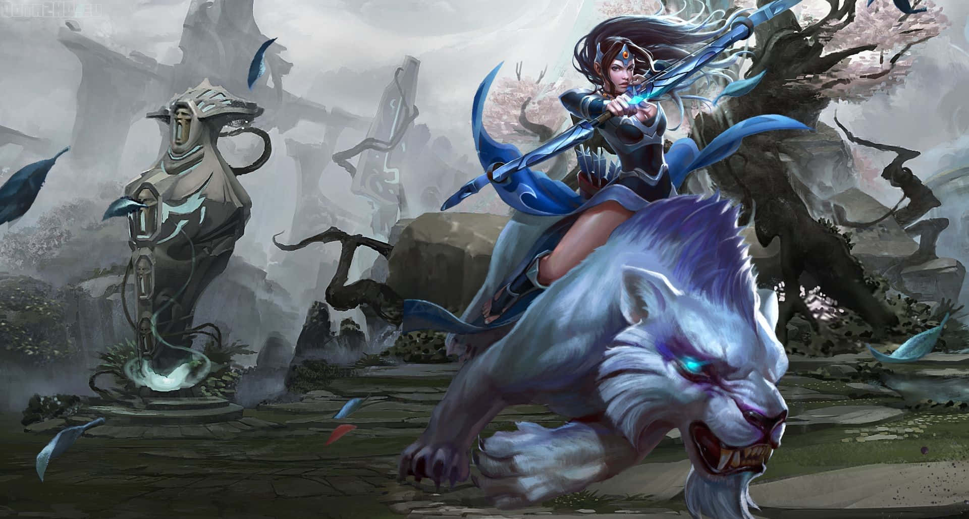 Mirana, the Priestess of the Moon, riding her mighty tiger in the mystical forests of Dota 2. Wallpaper