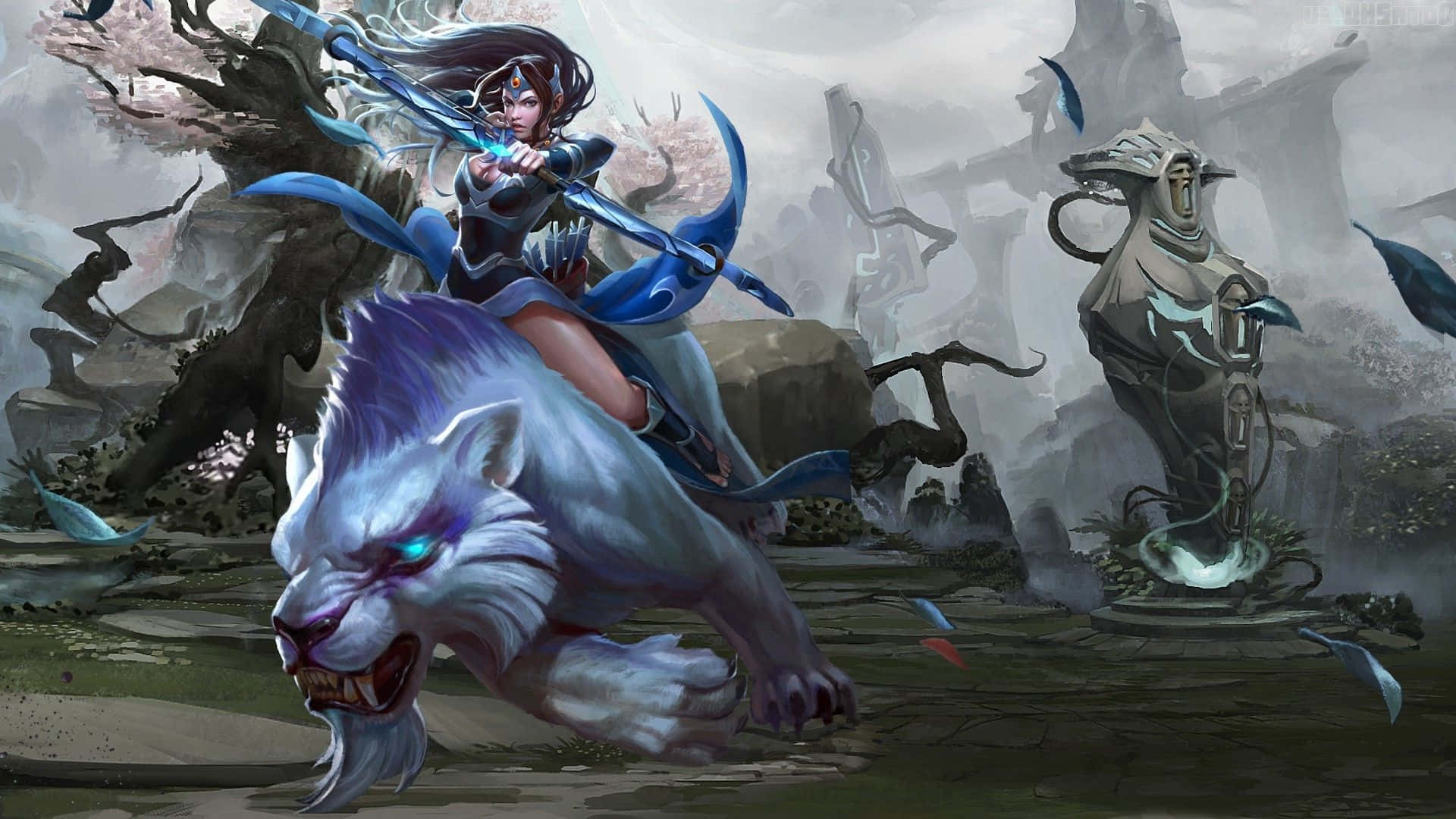 Caption: Mirana, the Princess of the Moon in battle action Wallpaper
