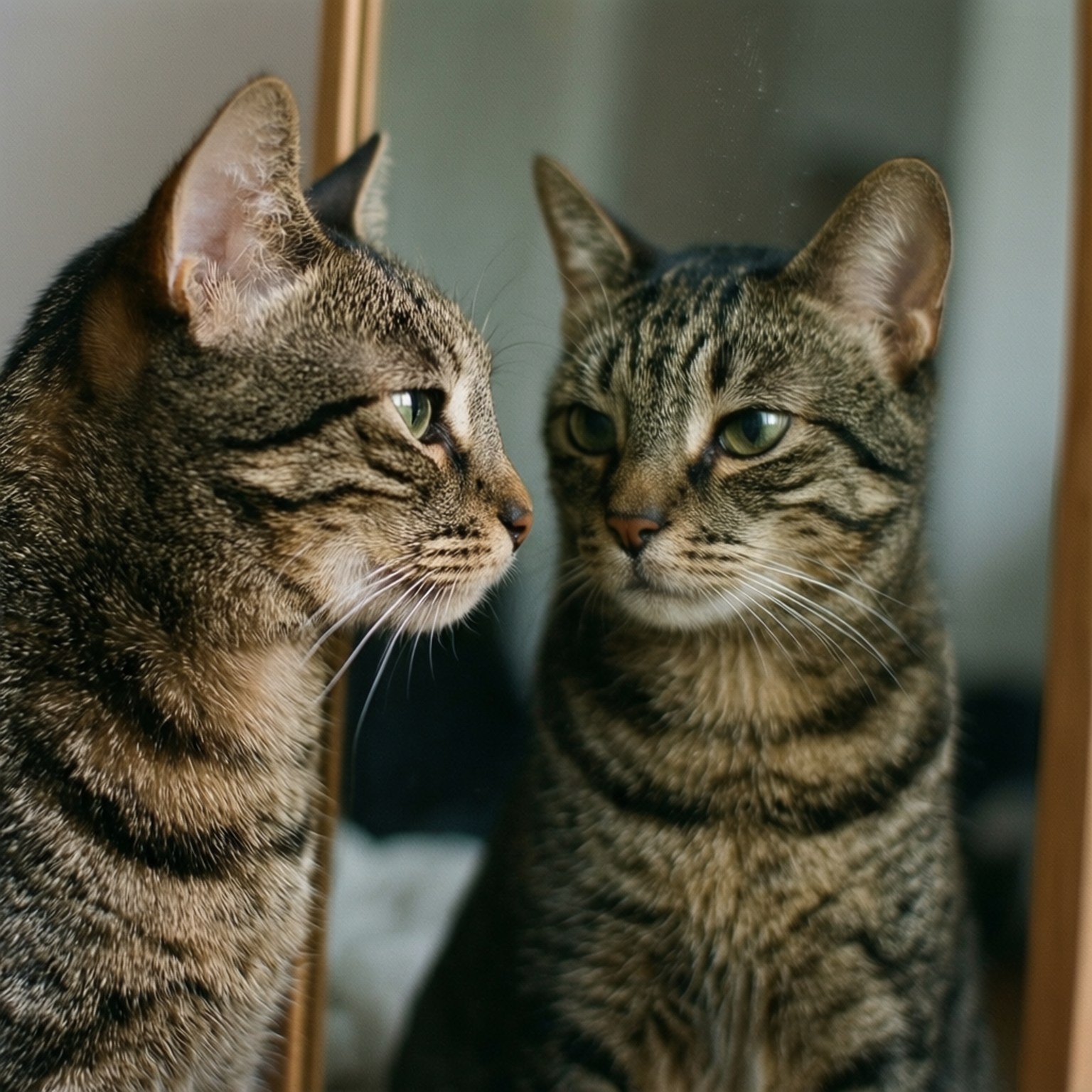 Thoughtful Brazilian Shorthair with reflection, symmetrical wallpaper.