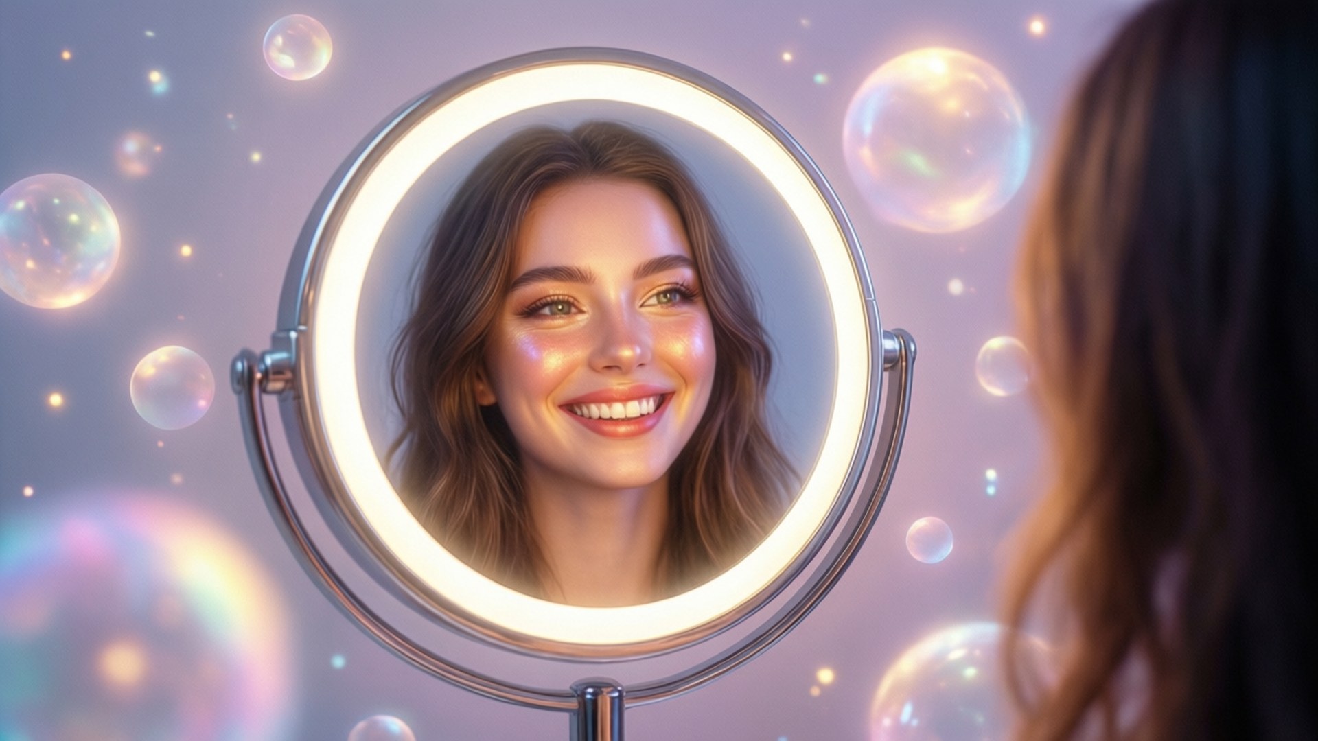 Fond d'écran onirique d'auto-appréciation avec un miroir lumineux et des orbes flottants autour d'un sourire radieux.
