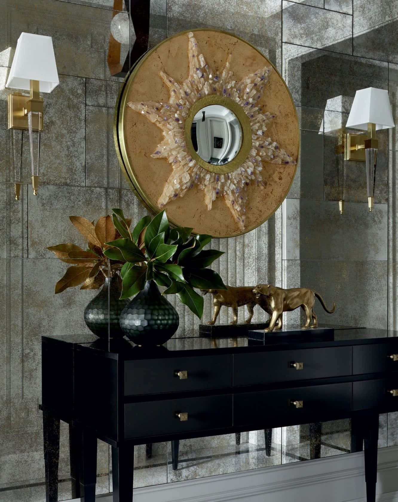 A Black Console With A Mirror And A Gold Mirror