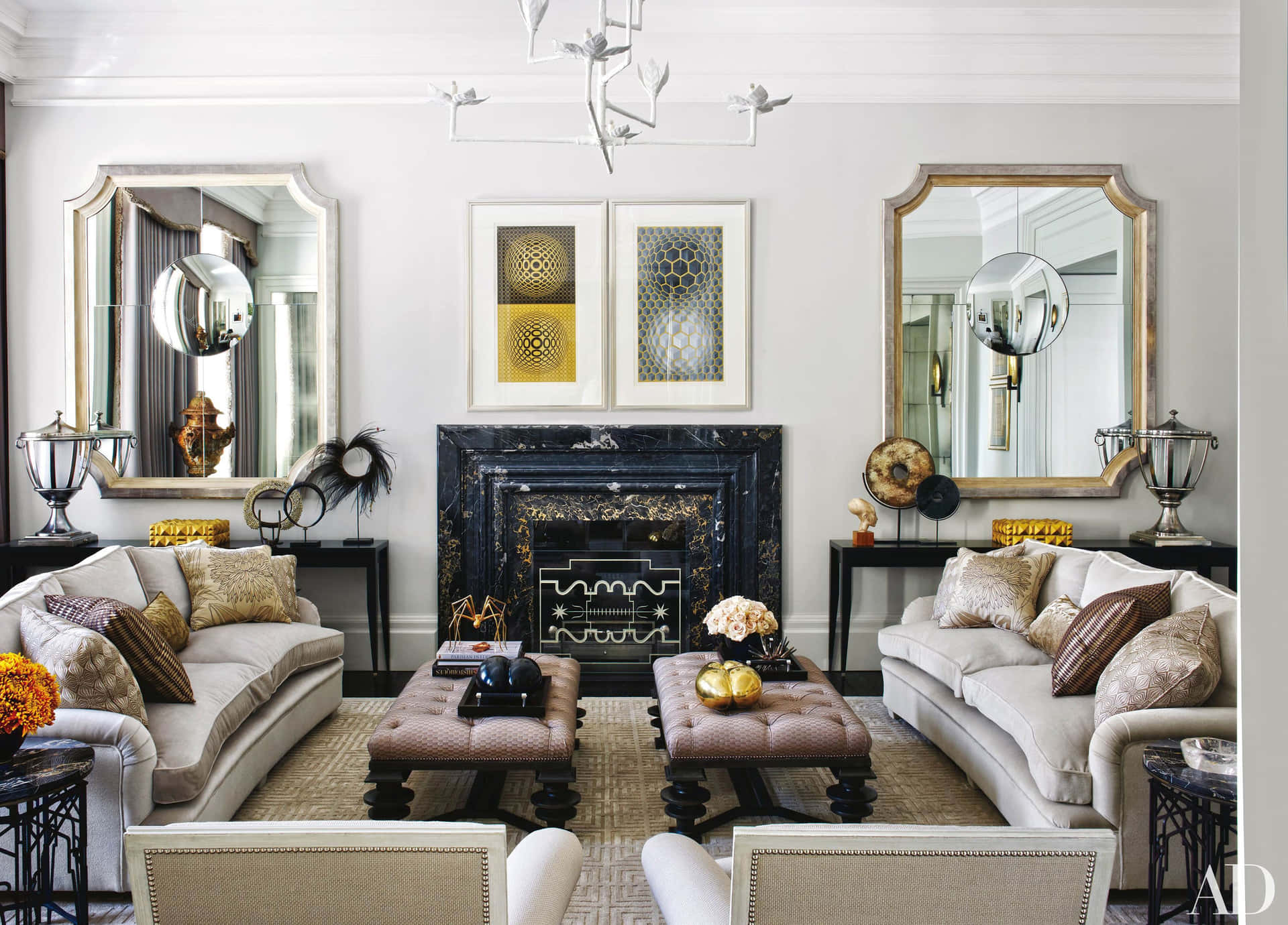 A Living Room With A Fireplace And Mirrors