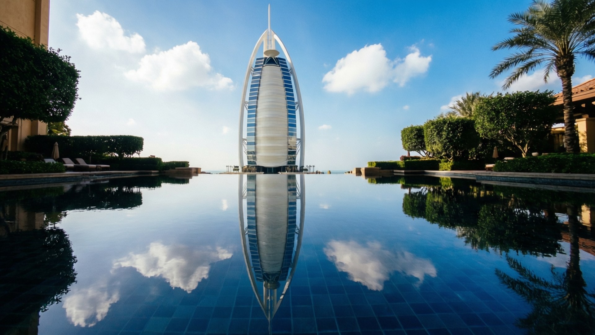 Symmetrische reflectie van Burj Al Arab in een spiegelvijver bij de ingang.