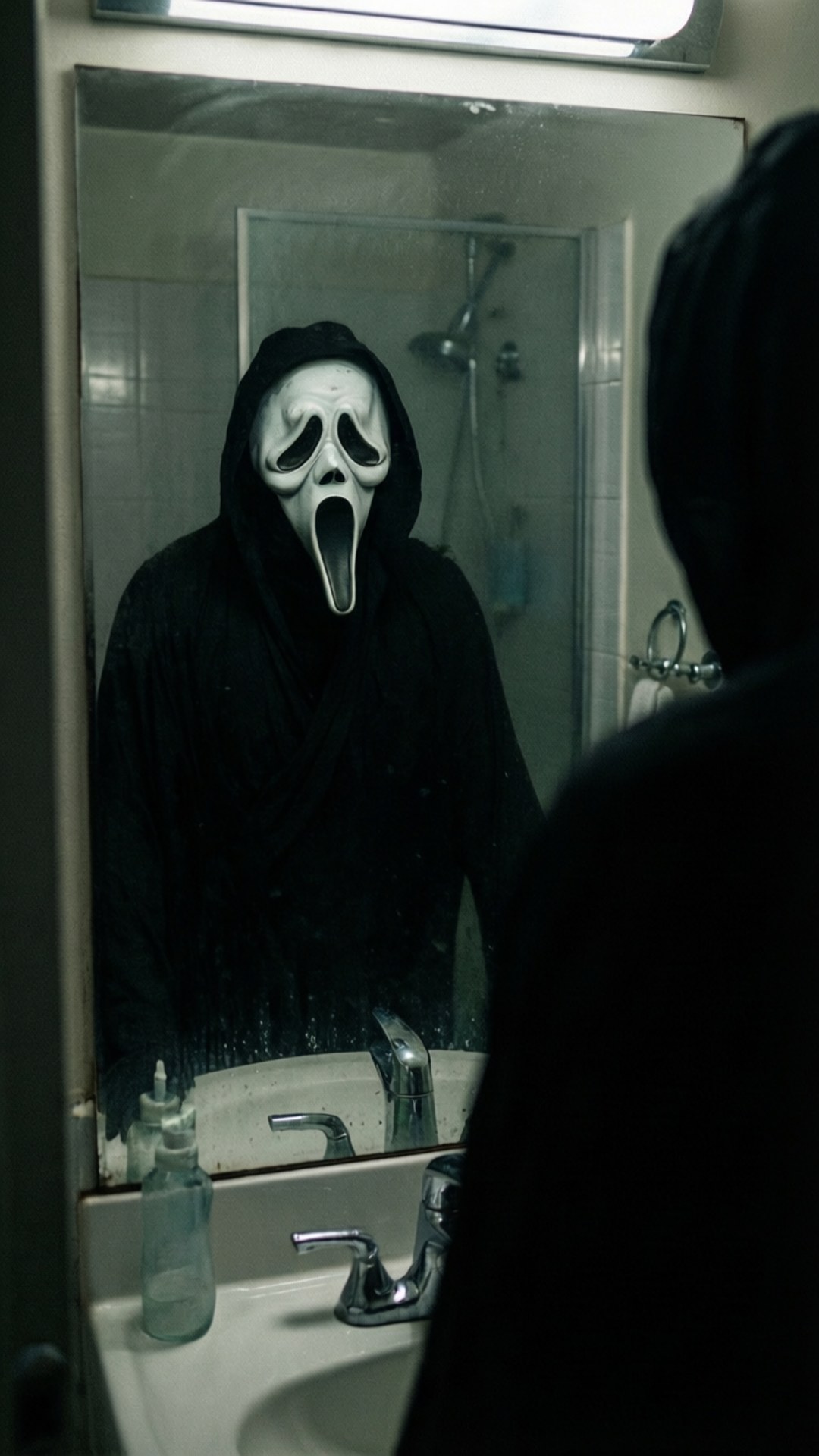 Pantulan Cermin Wallpaper — Seorang sosok bertopeng Ghostface menatap cermin kamar mandi dengan pancuran di belakangnya dan tetesan air di kaca.