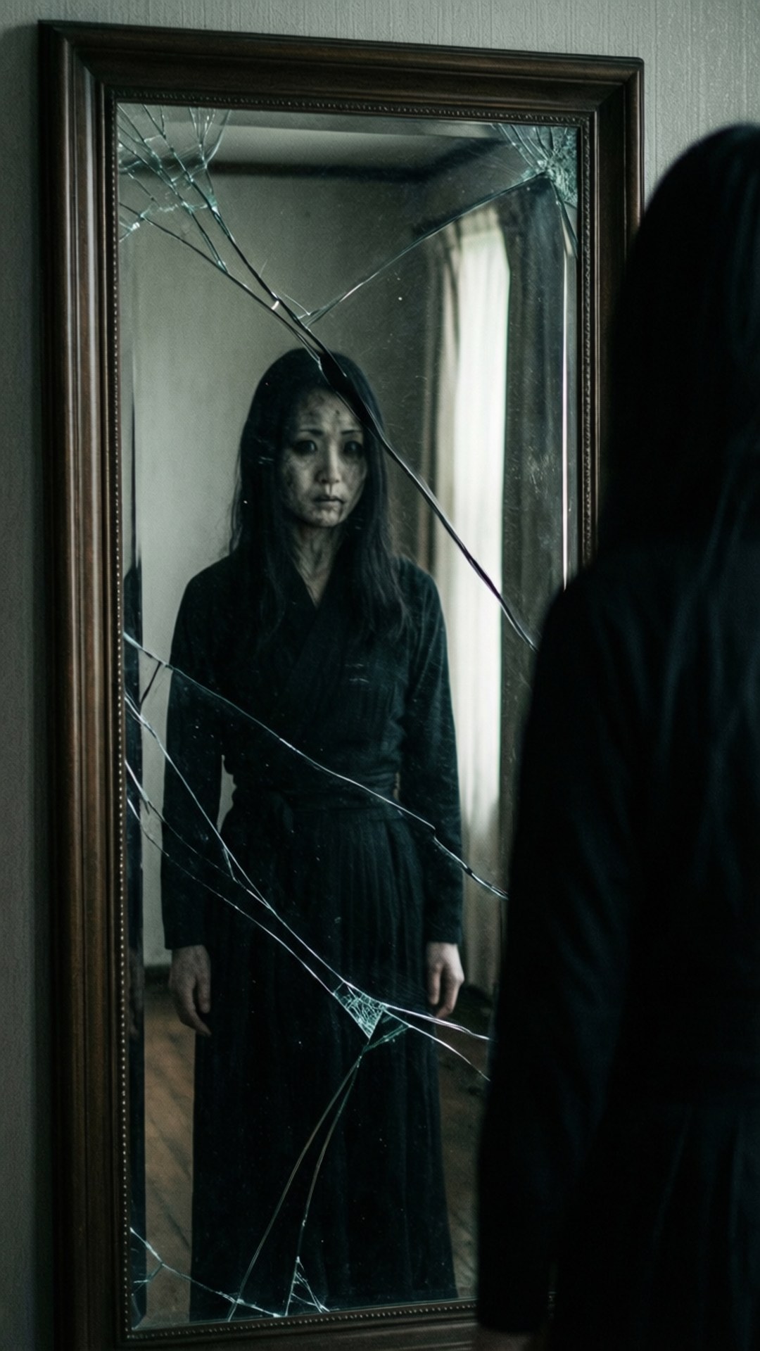 Kayako appears in a cracked mirror reflection behind the viewer.