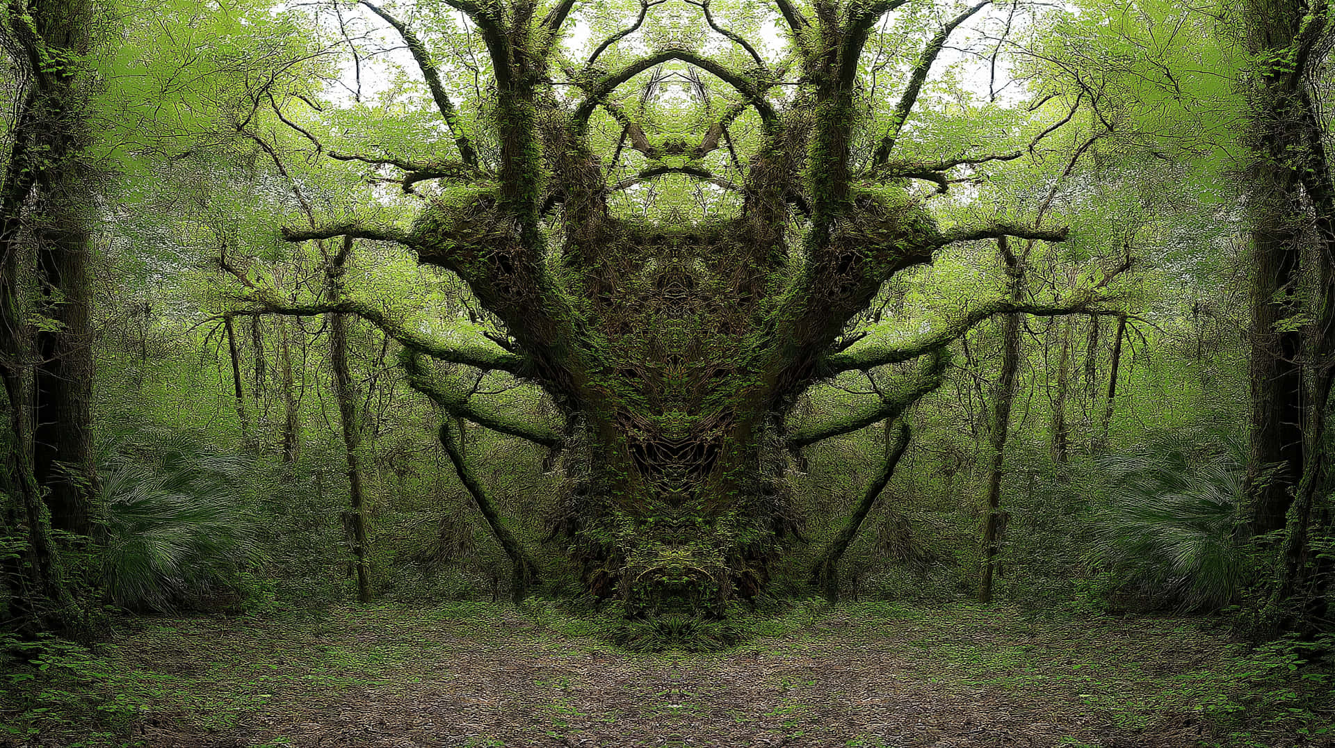 Mirrored Tree Forms In A Verdant Forest Setting Wallpaper