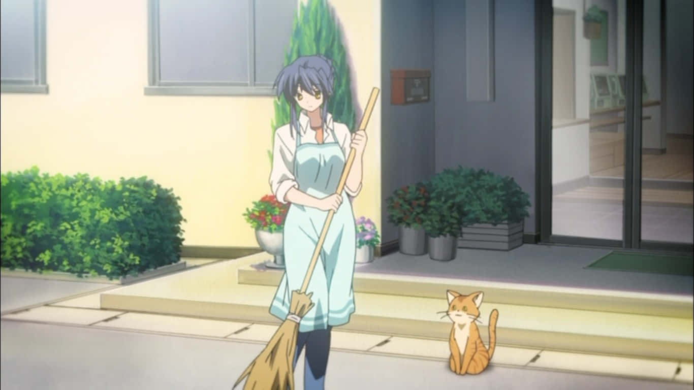 Misae Sagara Feier Med Katt Anime Scene Bakgrunnsbildet