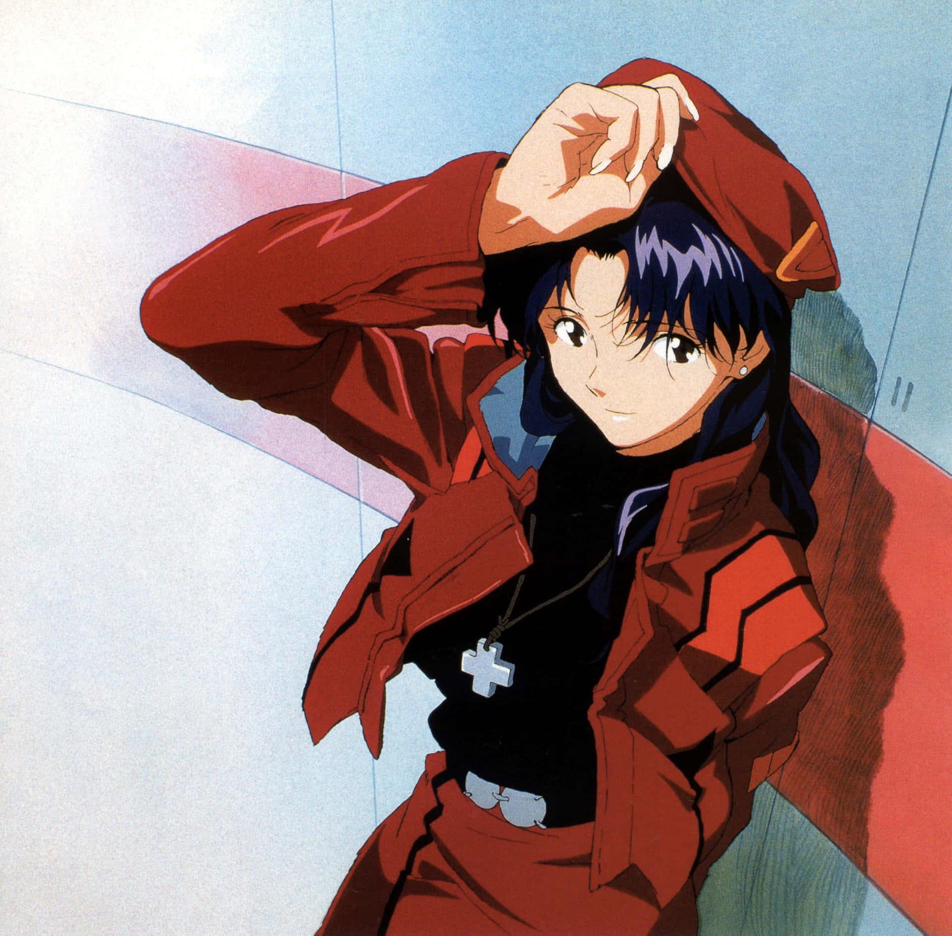 Misato Katsuragi striking a pose in front of an abstract background Wallpaper