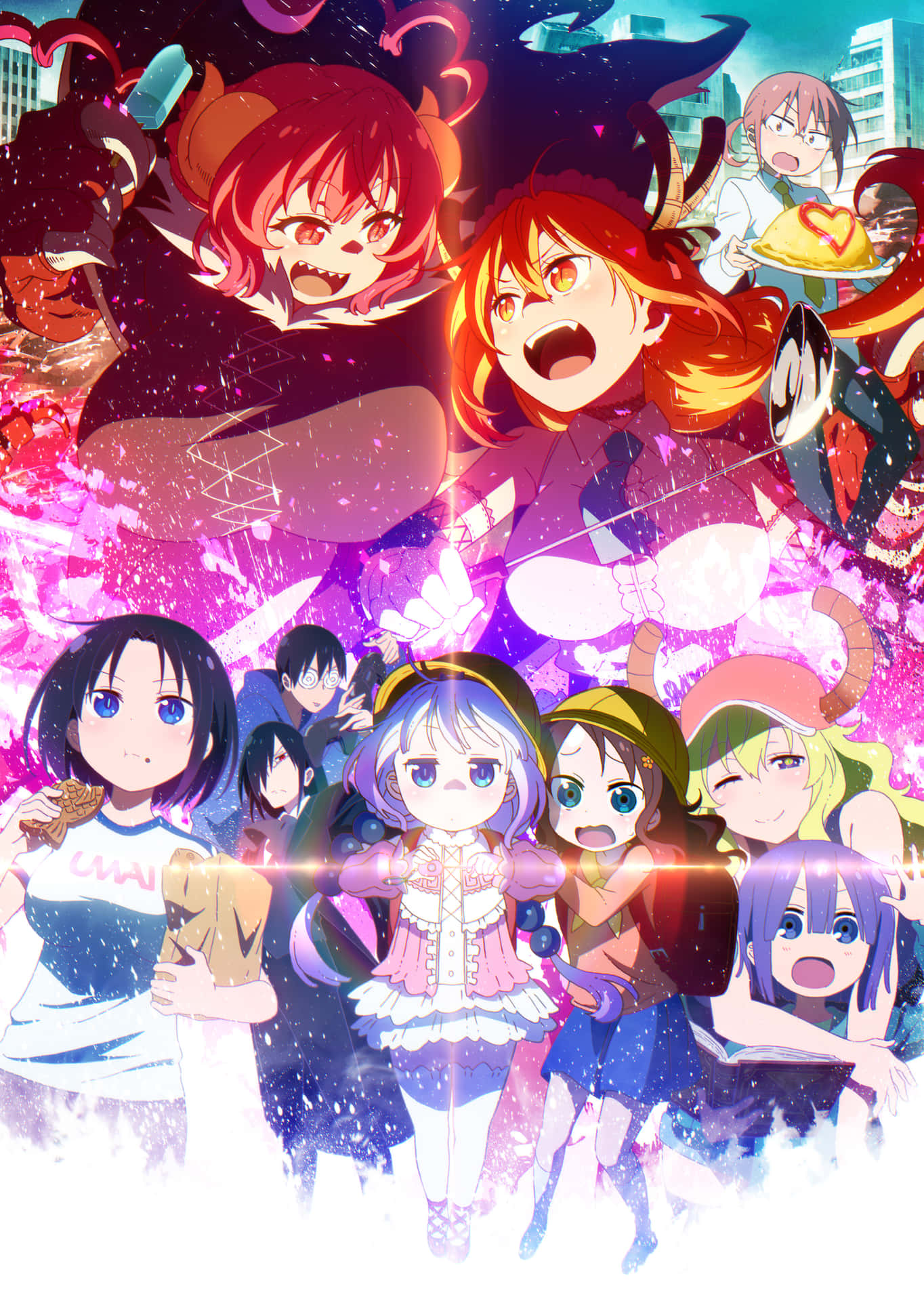 En plakat med anime-karakterer og en gruppe mennesker, der har en picnic Wallpaper