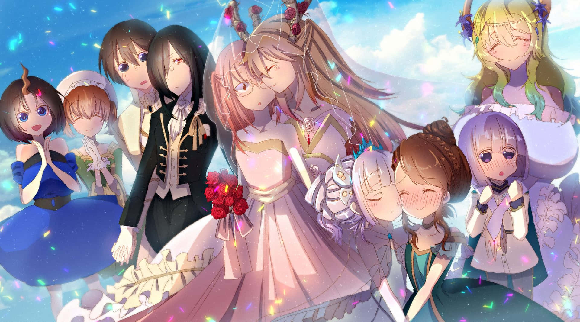 A Group Of Anime Characters In A Wedding Dress Wallpaper