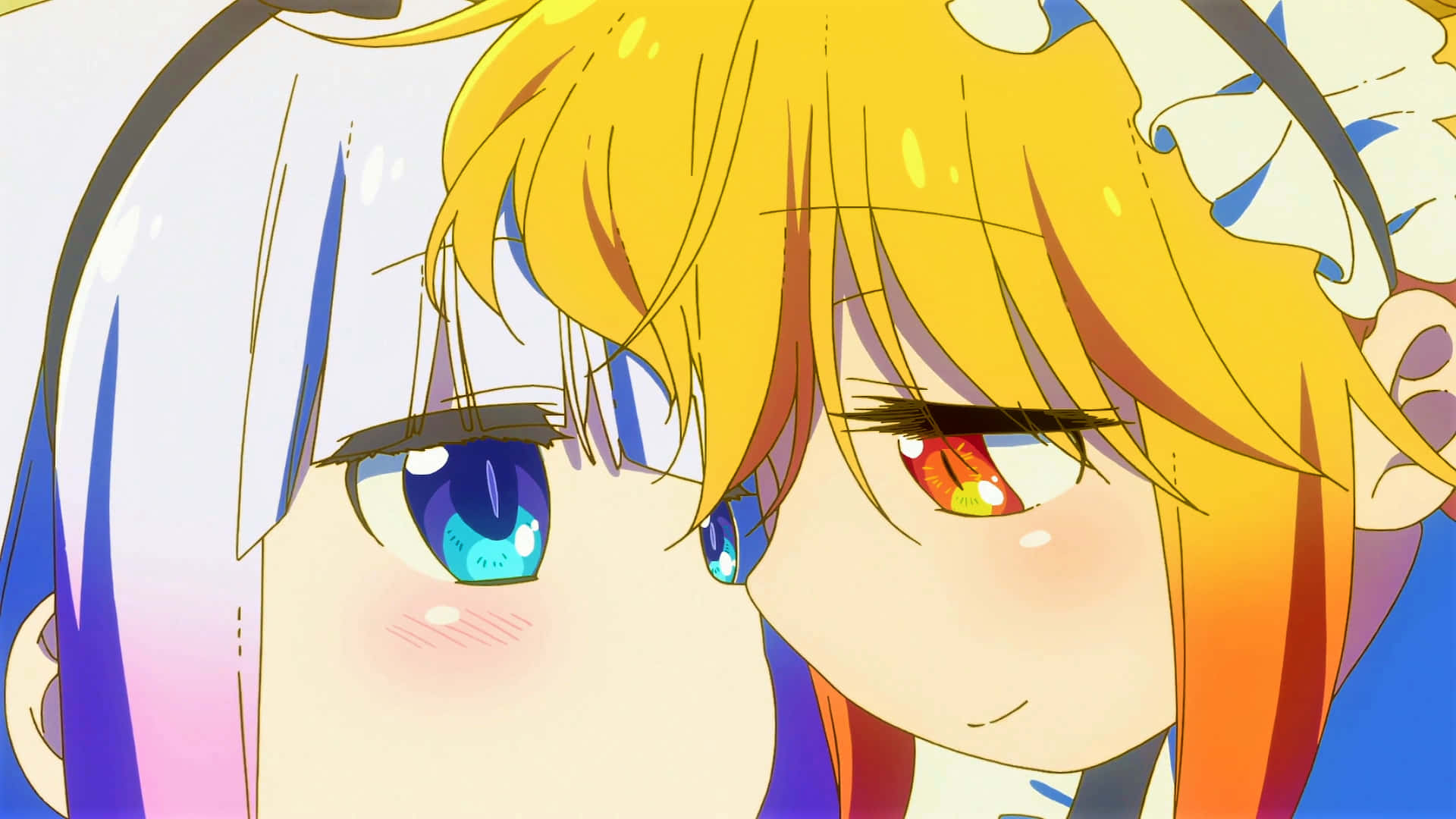 To anime piger med blå øjne og gul hår Wallpaper