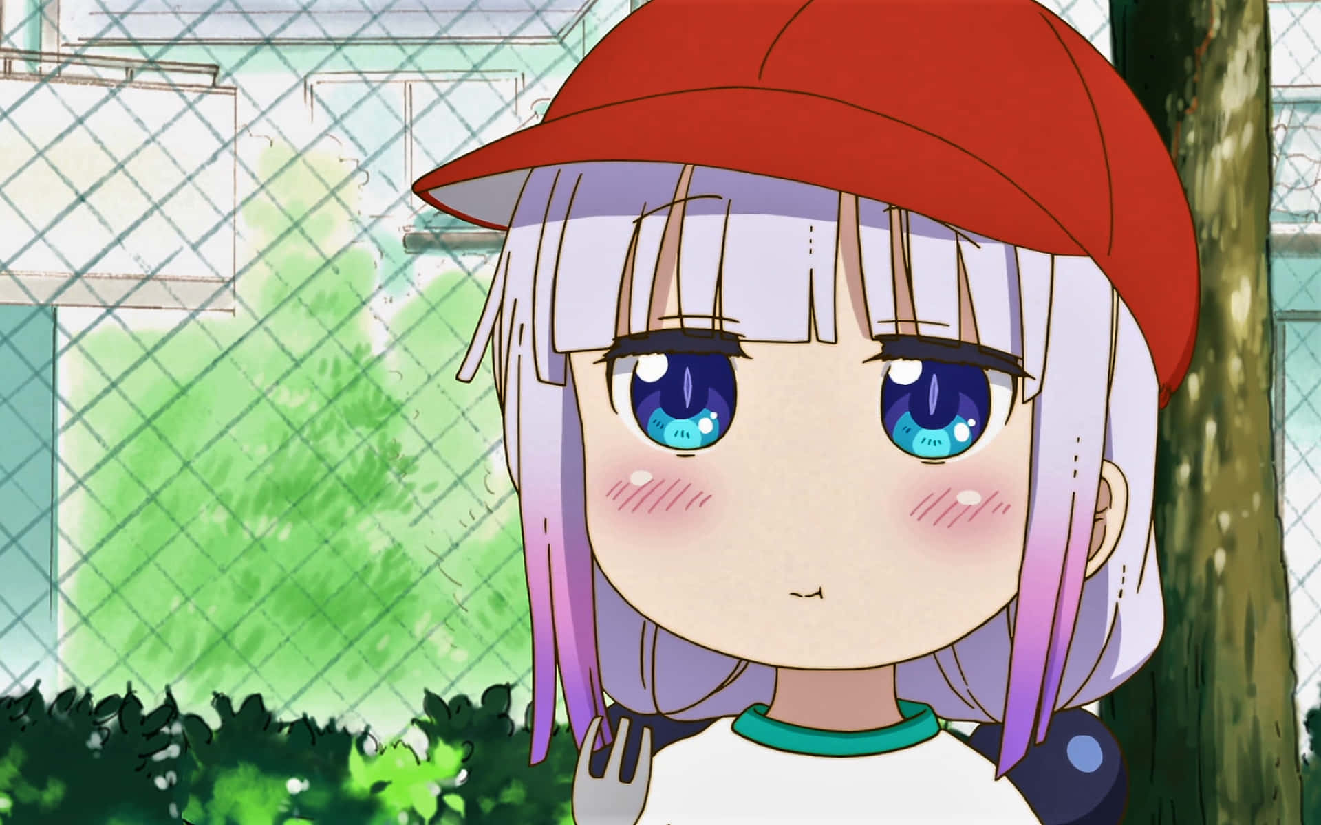 A Girl With Purple Hair Wearing A Red Baseball Cap Wallpaper