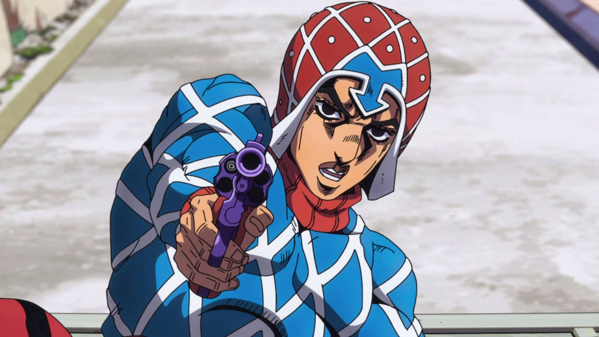 En karakter i et anime kostume med et gevær. Wallpaper