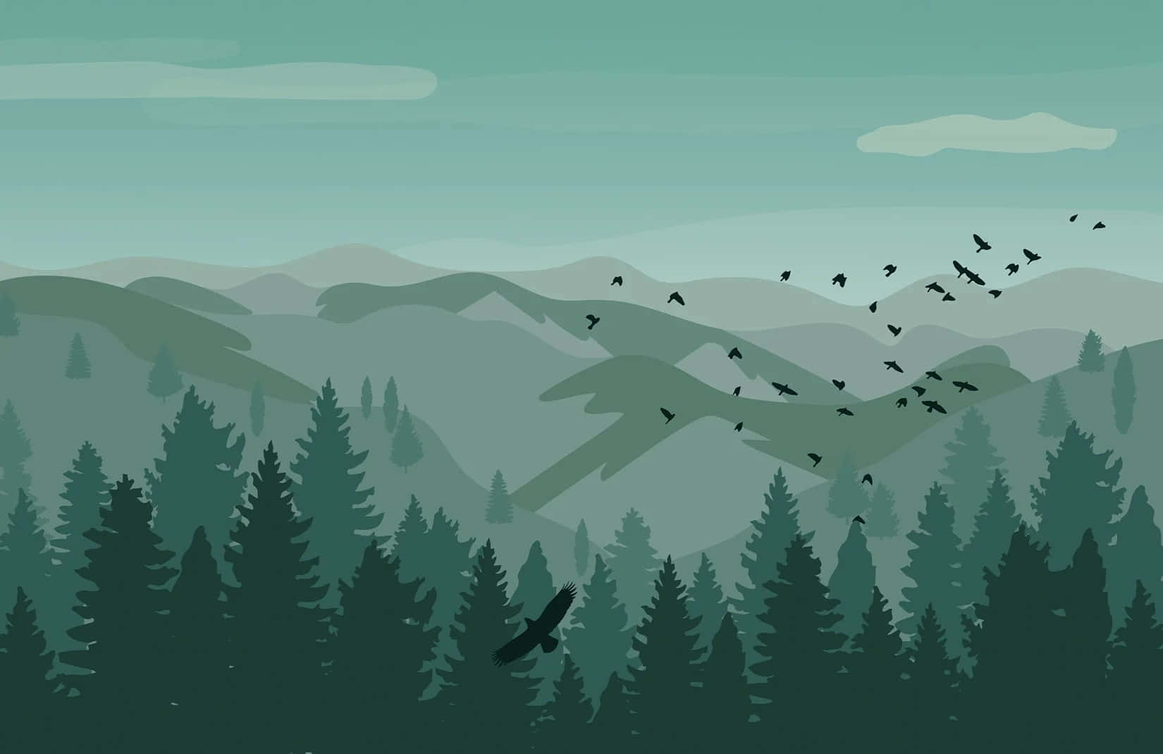 Misty_ Forest_ Mountain_ Landscape_with_ Birds_ Flying Wallpaper