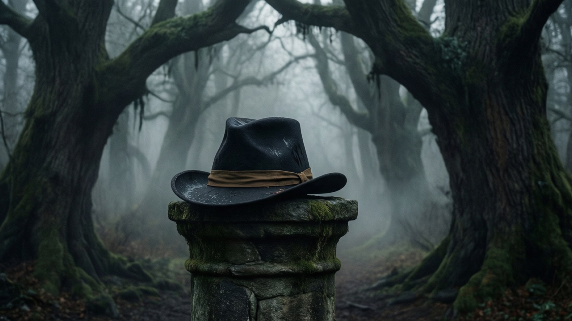 Sorting Hat on stone pillar in misty forest