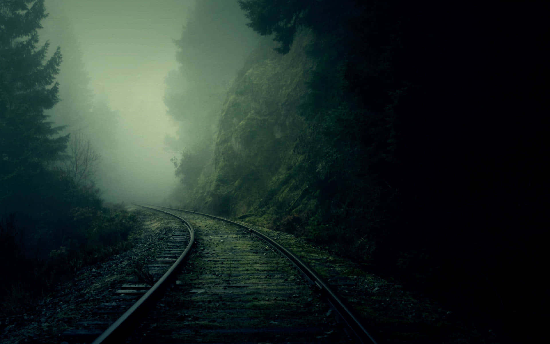 Misty Forest Railway Track Dark Green Aesthetic Wallpaper