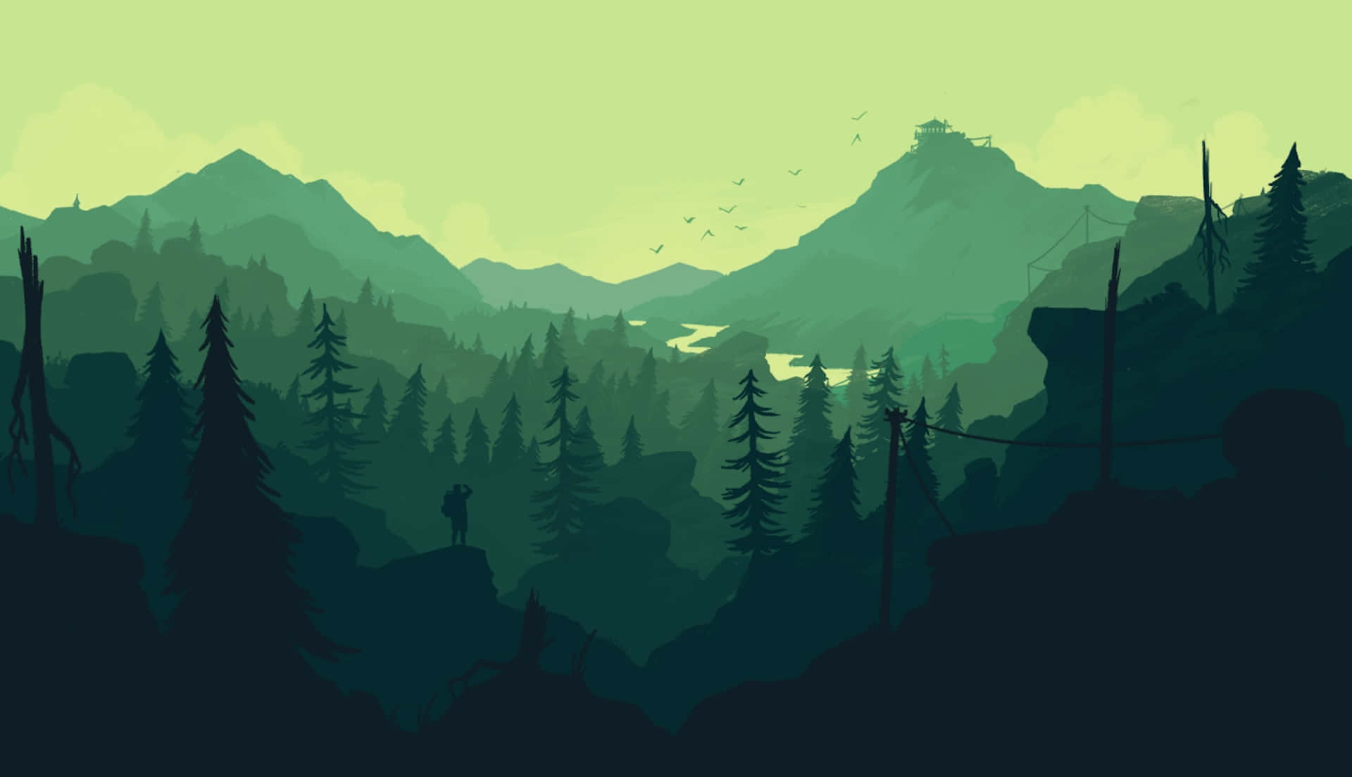 Misty Green Mountains Vector Art Wallpaper