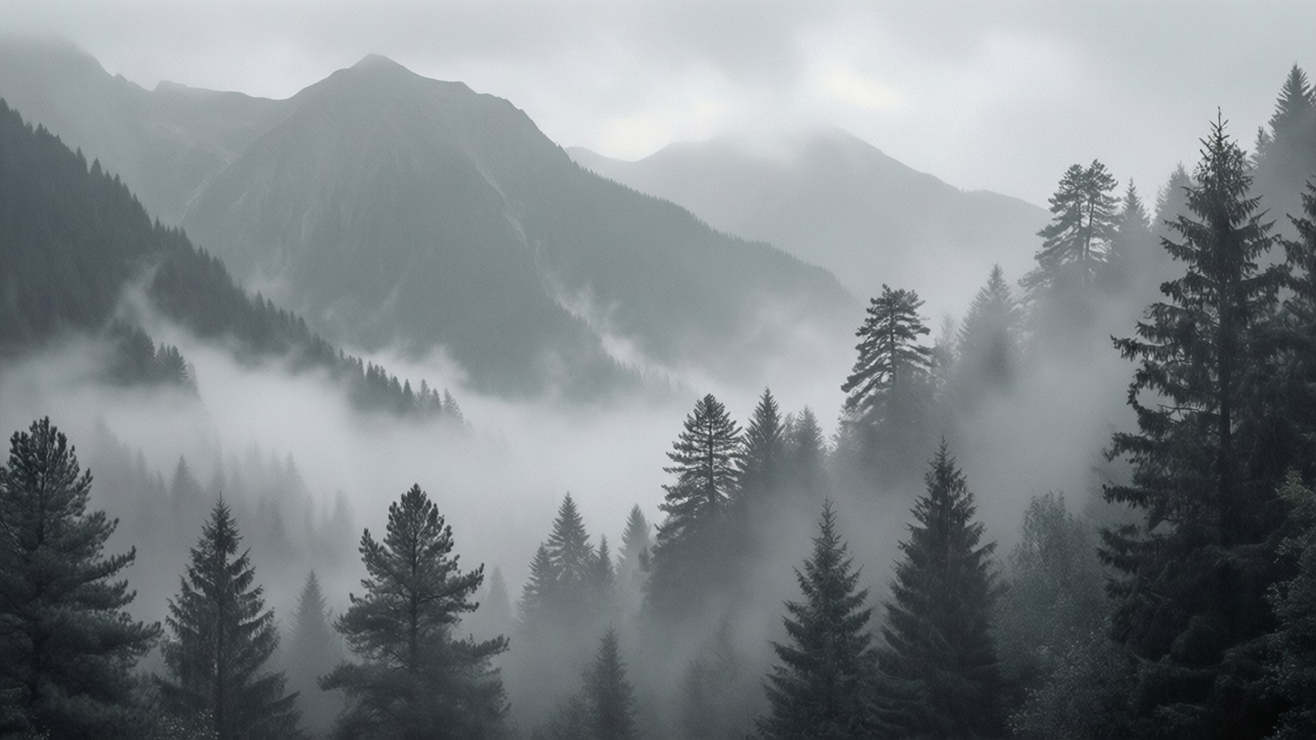 Montagne grigie nebbiose Sfondi — Paesaggio montano monocromatico sereno con nebbia e pini