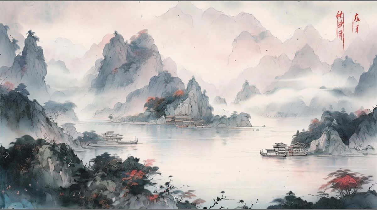 Misty Mountain Lake Chinese Ink Painting Wallpaper