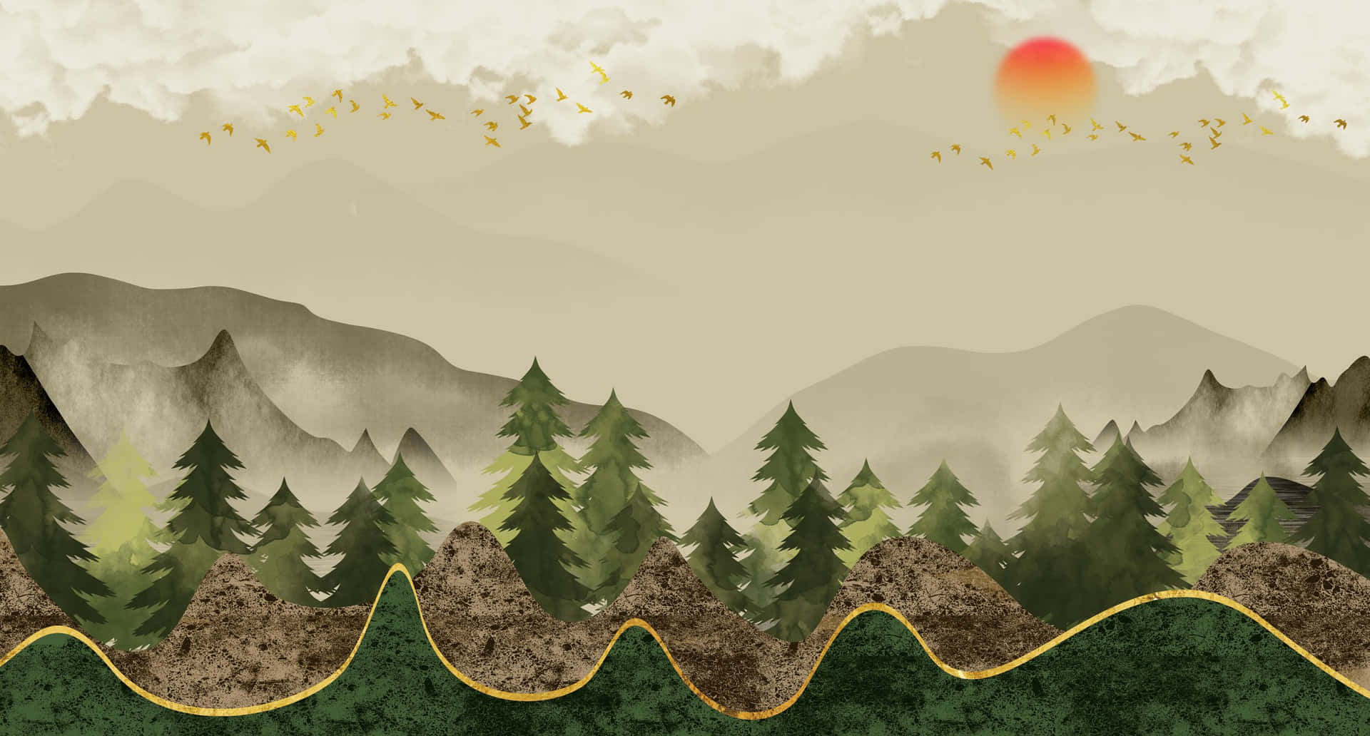 Misty Mountain Sunrise Mural.jpg Wallpaper