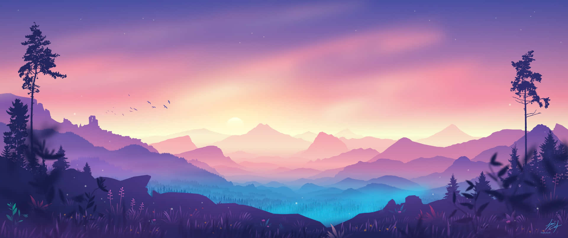 Misty Mountain Sunset Landscape Wallpaper