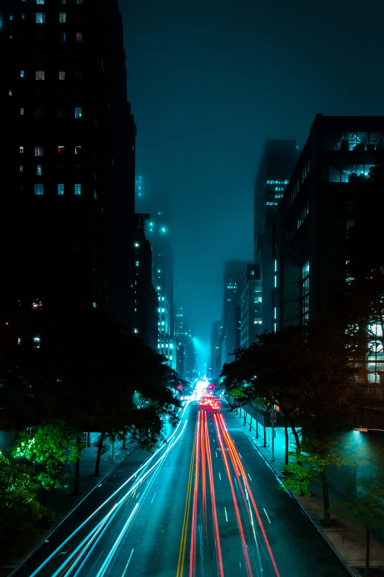 Misty Night Cityscape Traffic Lights Wallpaper