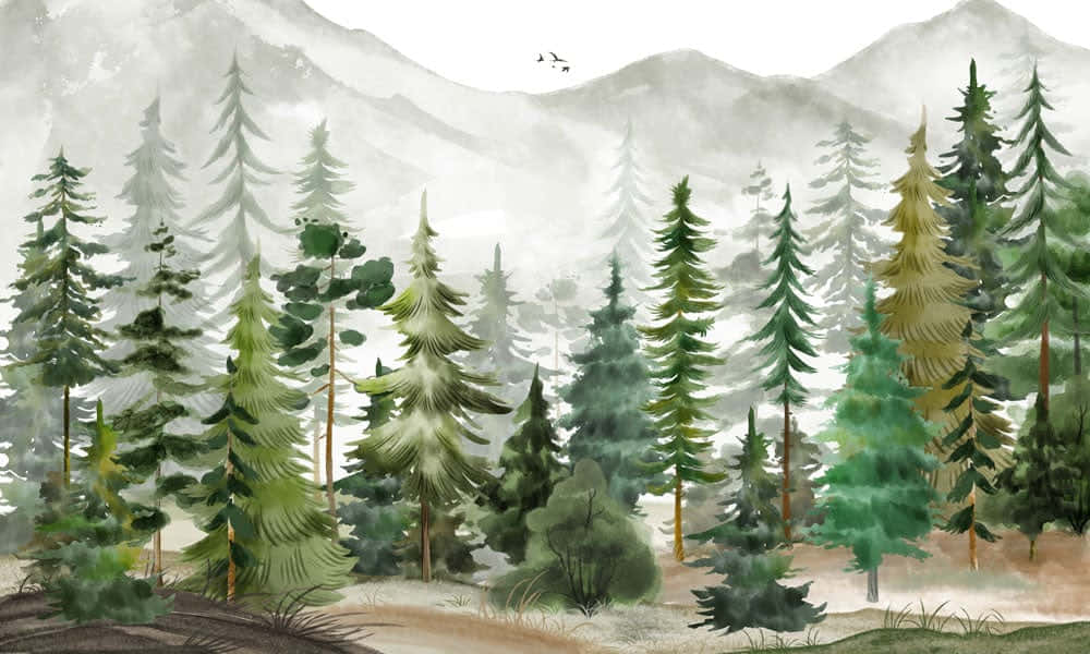 Misty Pine Forest Watercolor Wallpaper