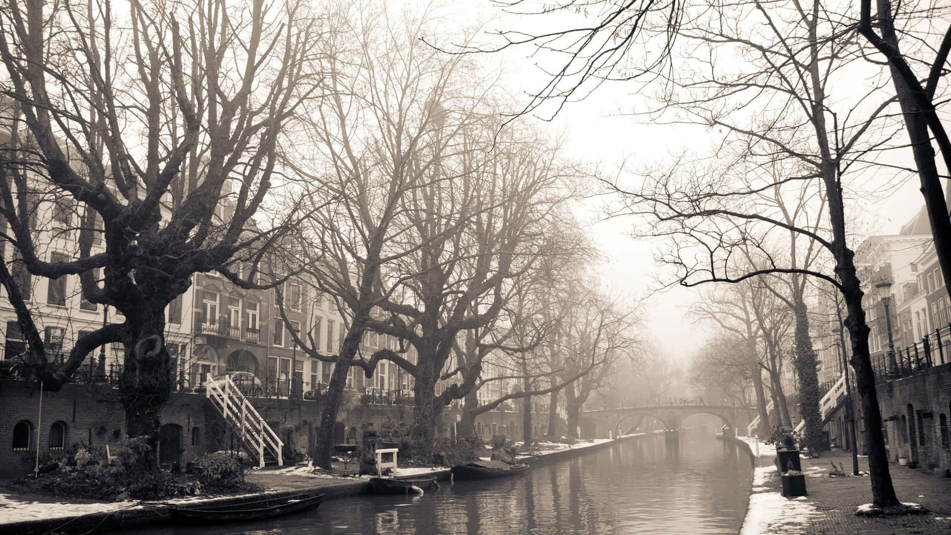 Misty Utrecht Canal Vintage View Wallpaper