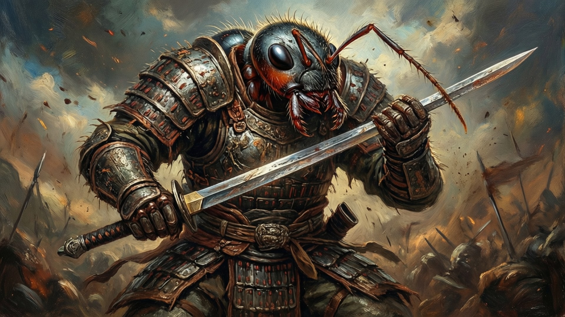 A dust mite warrior clad in armor with a sword, ready for battle.