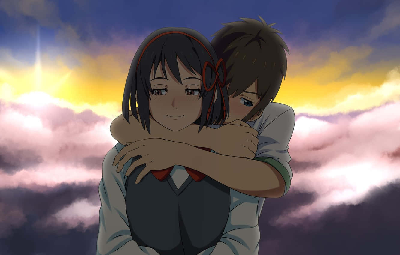 Mitsuhaund Taki In Einer Herzlichen Umarmung In Einem Romantischen Anime Wallpaper