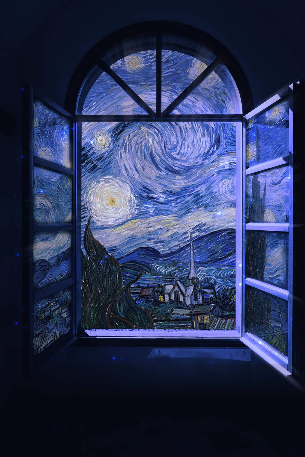 Blandadmedia Van Gogh Stjärnklar Natt Fönster Wallpaper