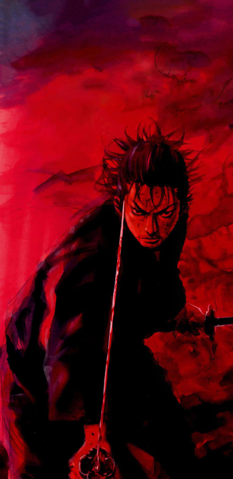 Miyamoto Musashi In Red Battle Stance Wallpaper