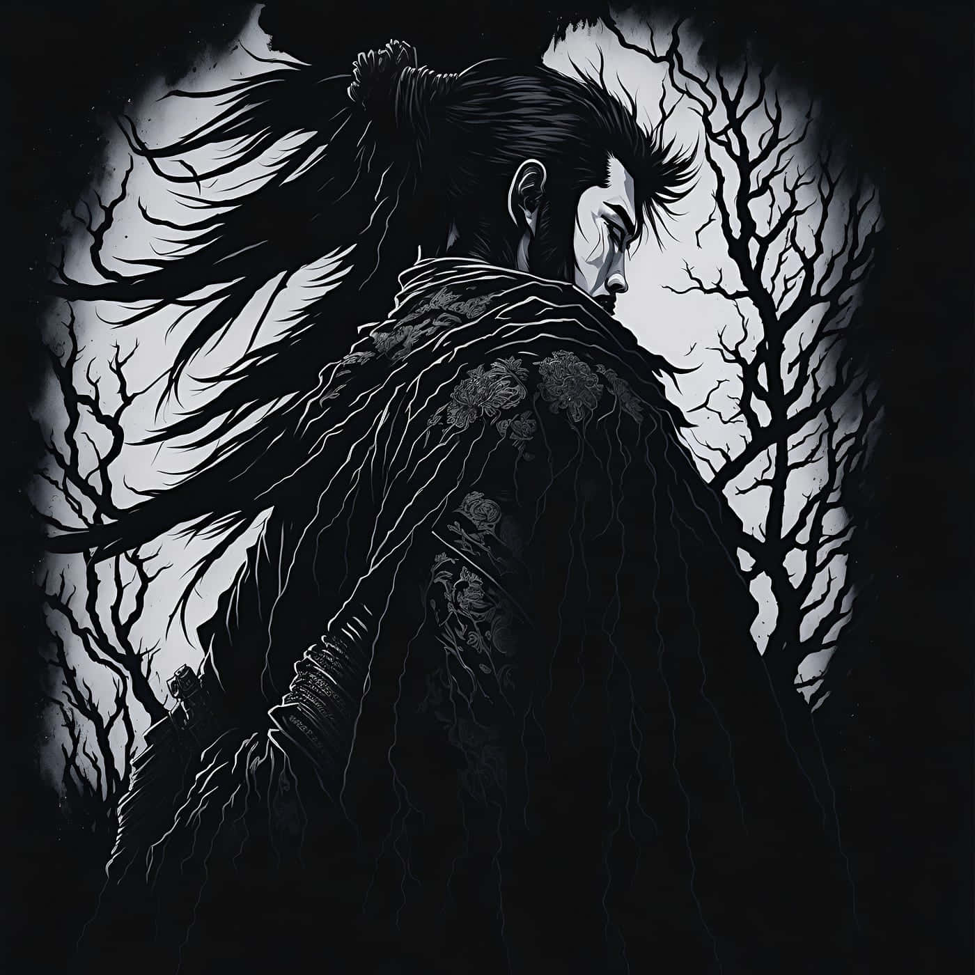 Miyamoto Musashi Silhouette Against Moon Wallpaper