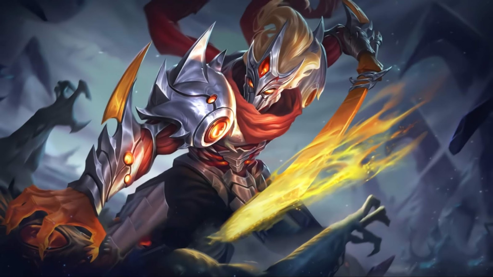 a character in a dark background with a sword Background — A fierce armored warrior with glowing orange eyes and fiery sword slashes through dark stormy skies.
