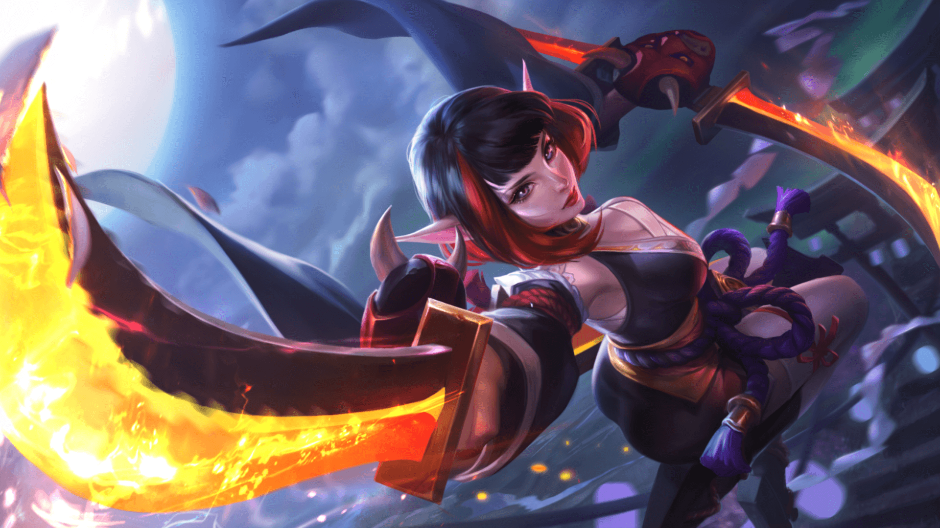 a female character with a sword and flames Background — A fierce anime warrior with red and black hair wields a flaming scythe against a moonlit sky with swirling energy.