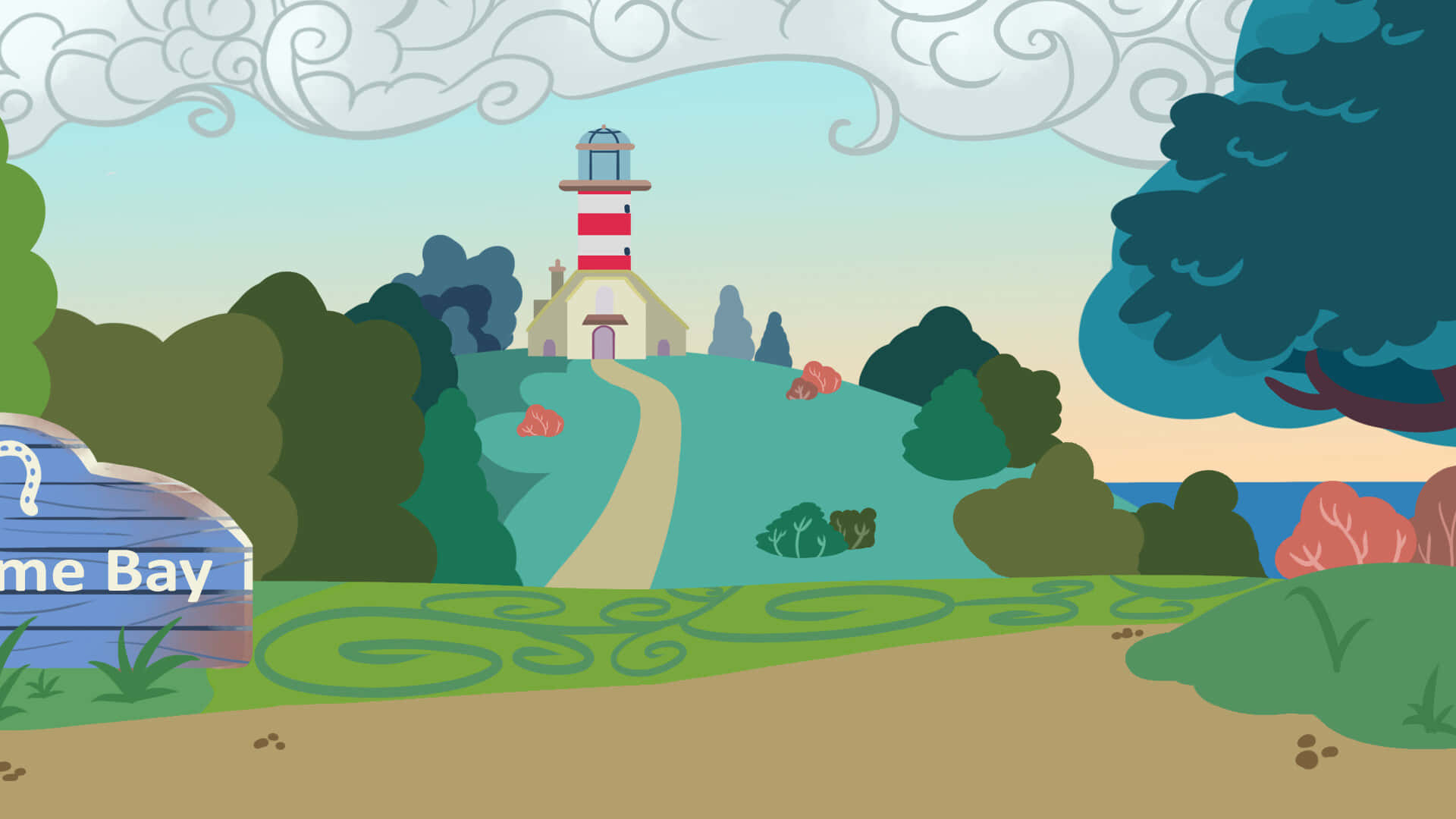 A Cartoon Sign With A Lighthouse And Trees