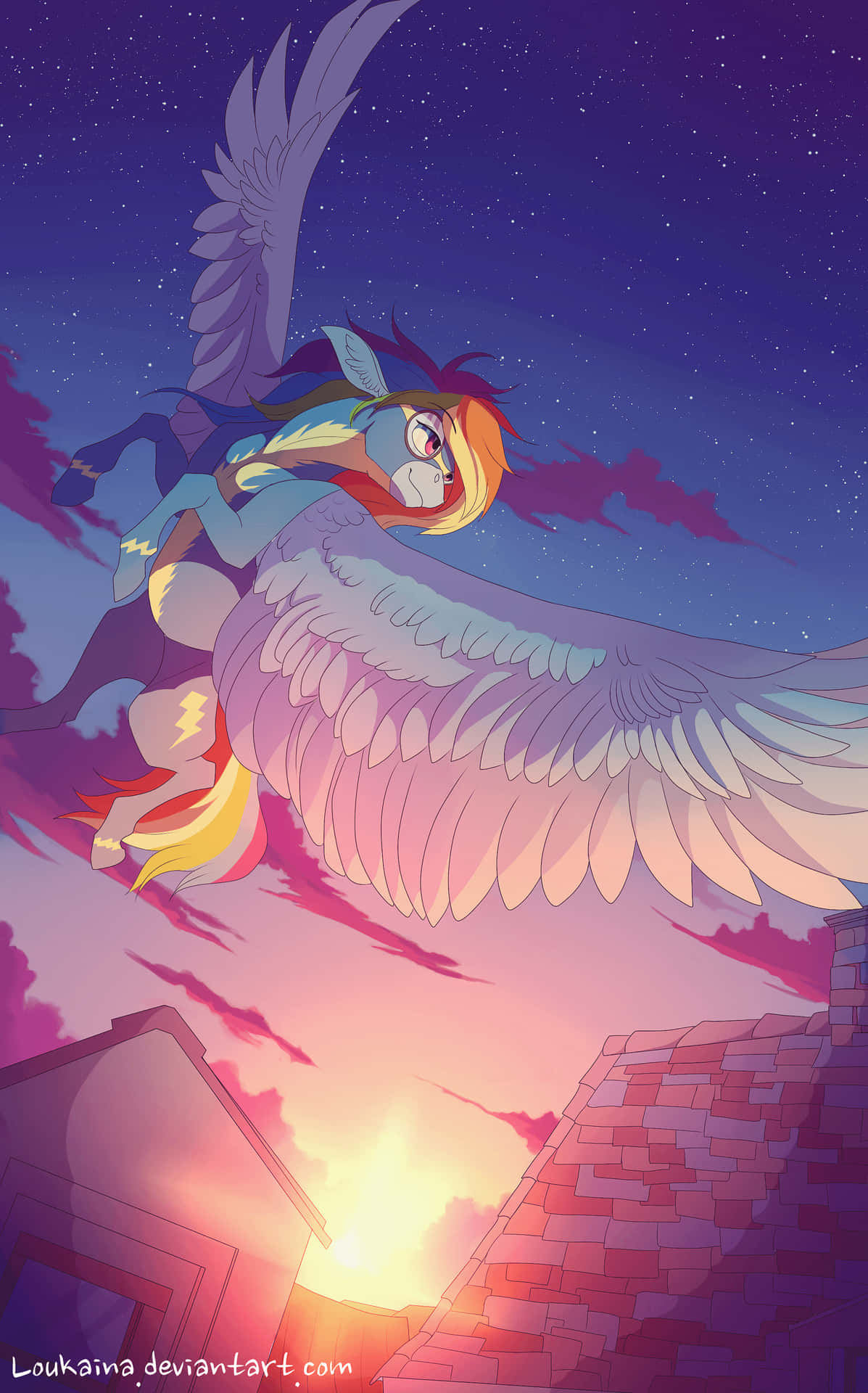 A Pony Flying Over A House At Night Wallpaper