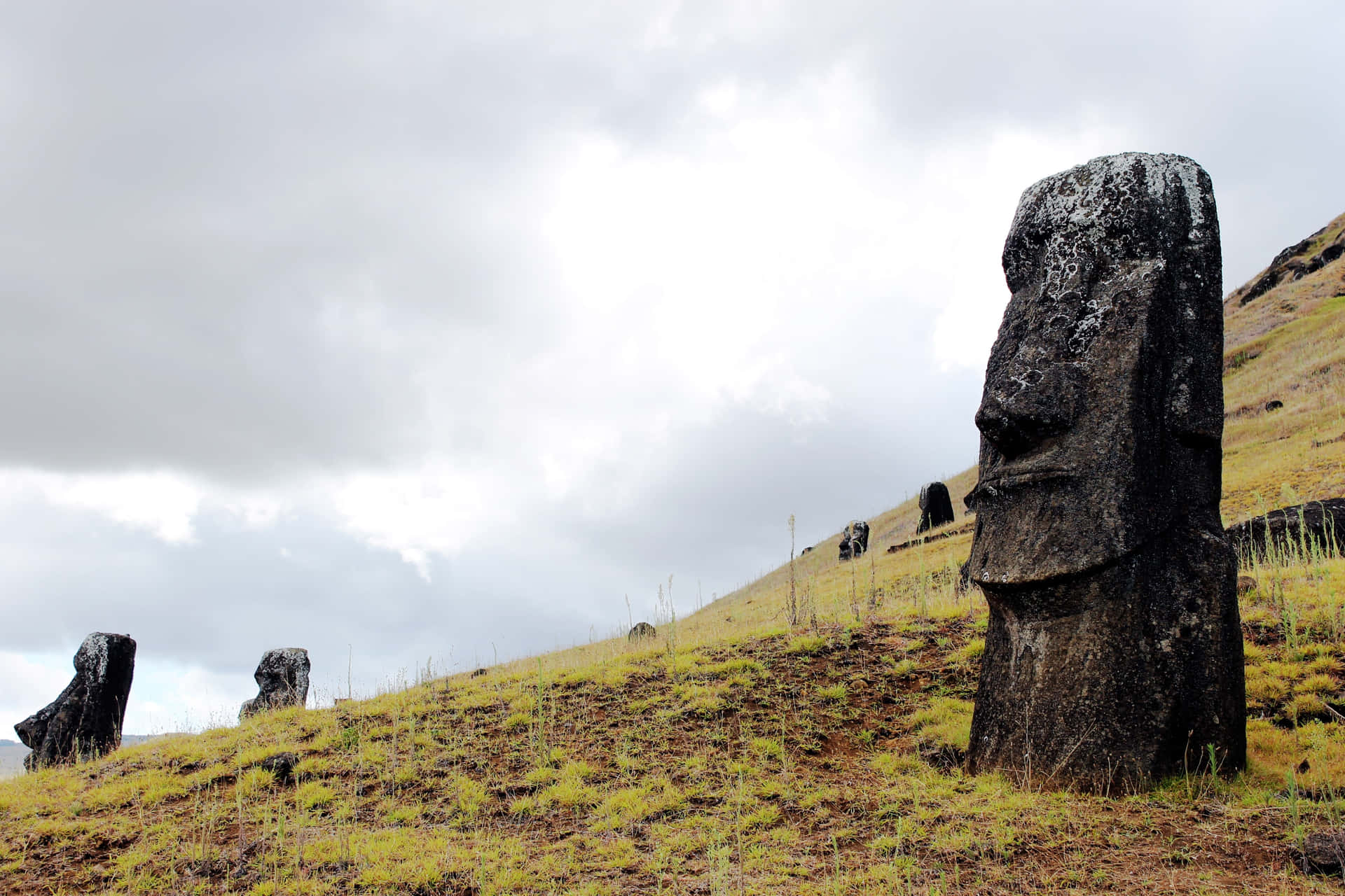 Moai Placerade Berg På Påskön, Chile. Wallpaper