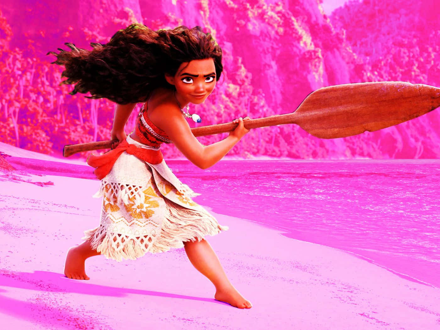 Moana Is Holding A Paddle And Walking On The Beach