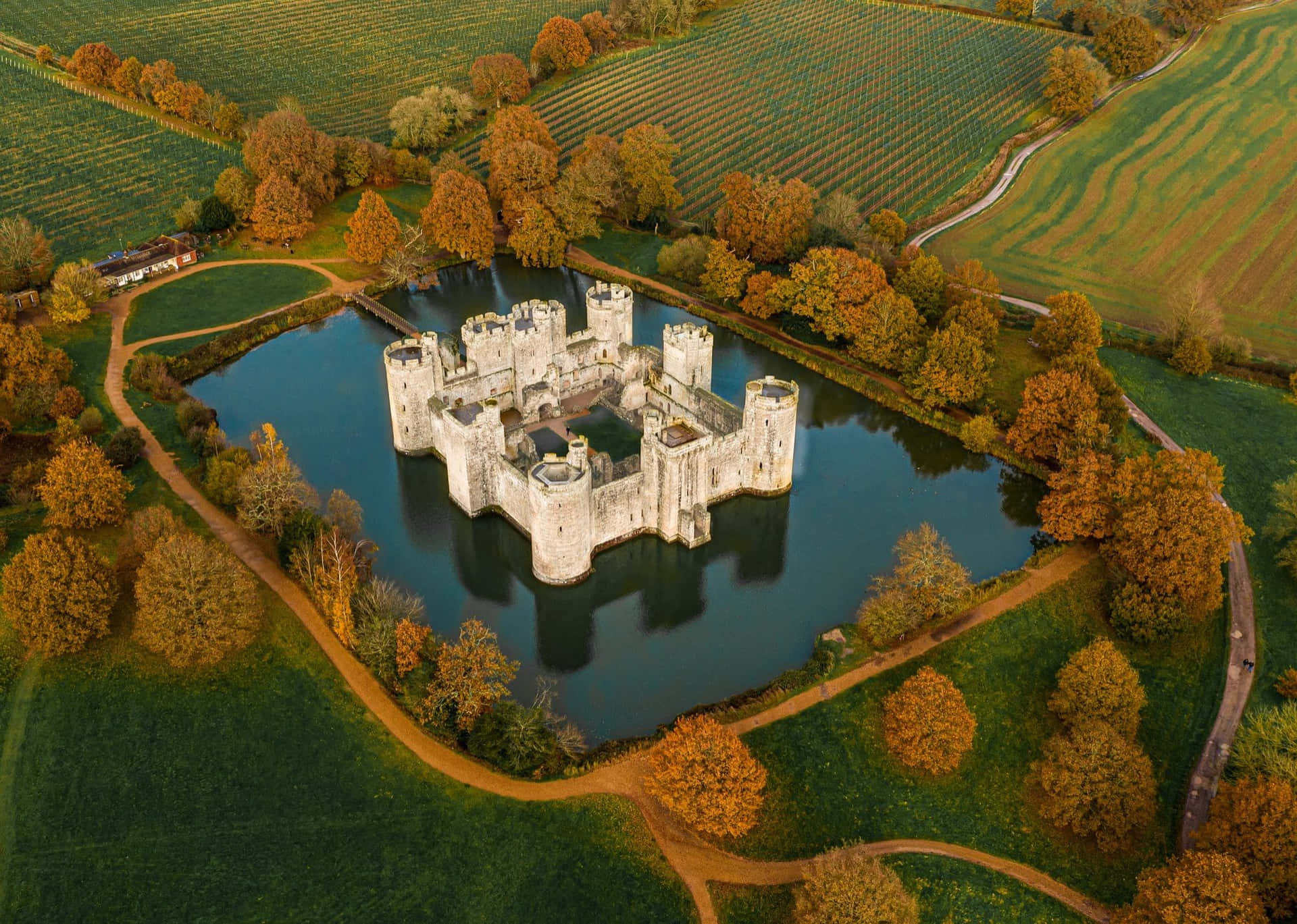 Moated Bodiam Castle In England Aerial Shot Wallpaper