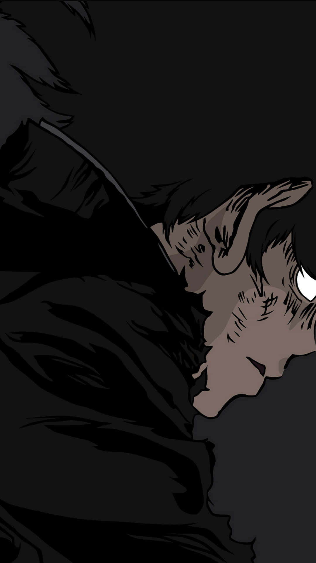 En sort anime karakter med sort hår og lilla øjne Wallpaper