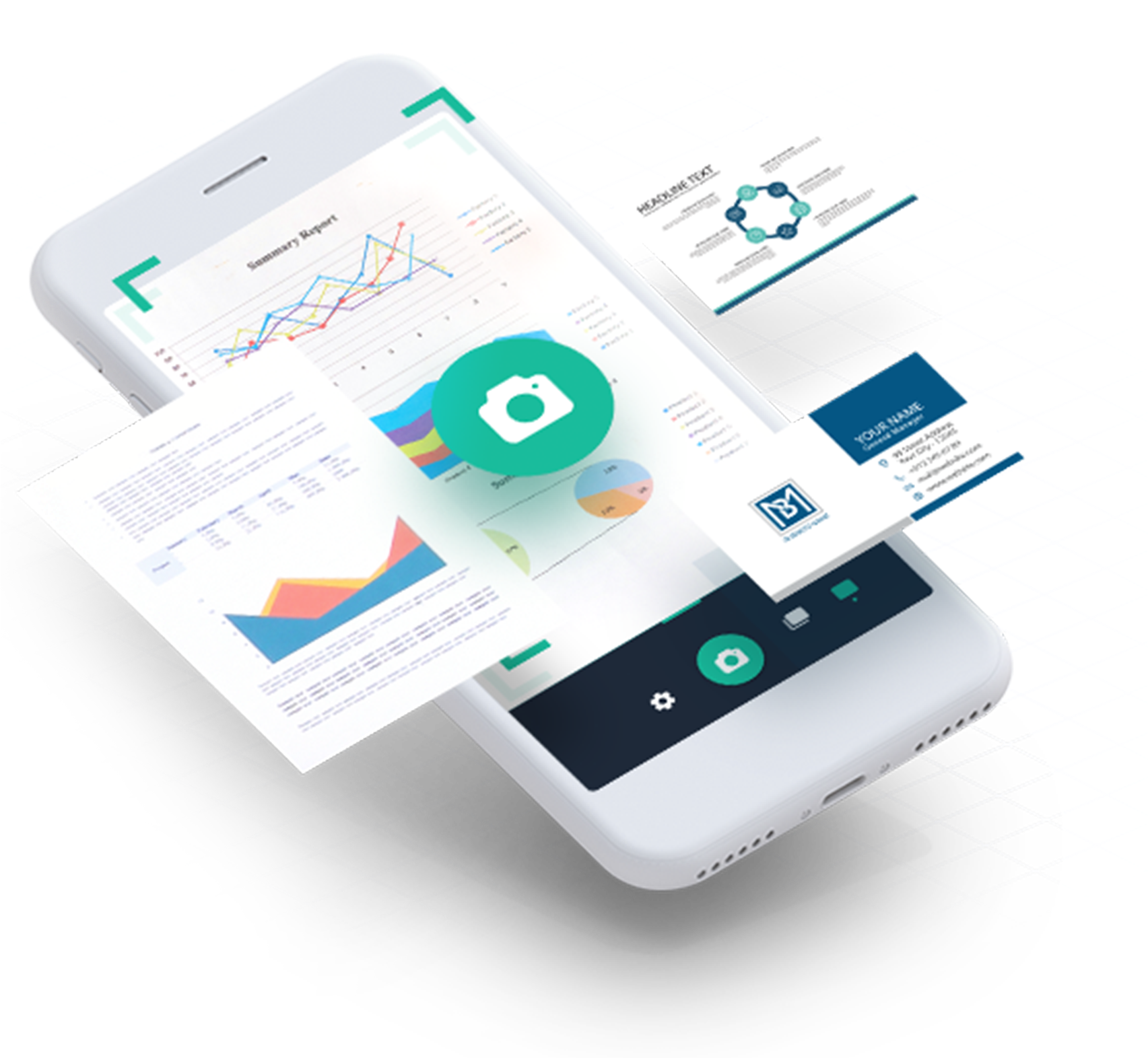 Mobile App Data Visualization Concept PNG — A white smartphone displays a colorful summary report with graphs and floating business cards on a black grid background.