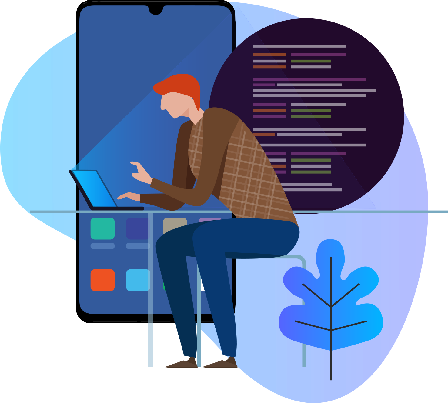 Mobile App Development Vector PNG — A person in a plaid shirt works on a laptop surrounded by abstract digital elements and code in a stylized illustration.