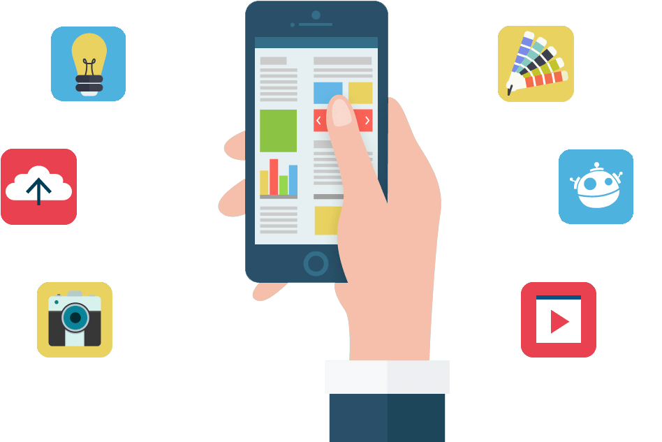 Mobile App Interaction Concept PNG — A hand holds a smartphone displaying a colorful app interface surrounded by floating digital icons on a black background.