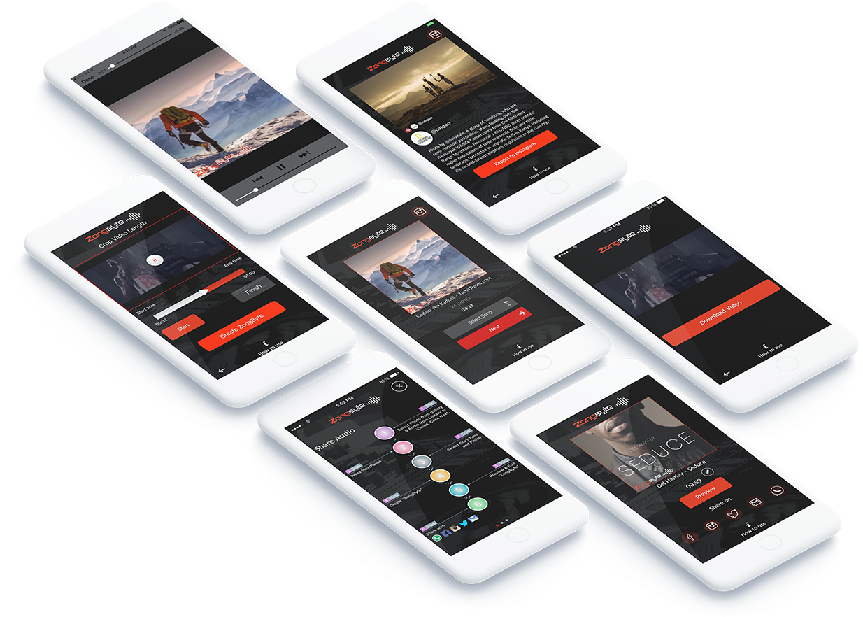 Mobile App Interface Design PNG — Seven white smartphones display a video editing app interface with mountain climbing and sunset scenes on their screens.